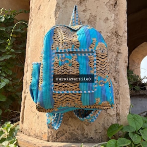 Sac à dos indien de luxe bleu à imprimé tigre, sac en coton fait main, cartable, sac d'école, sac de voyage, sac à collage, cadeaux de sac à dos à imprimé tigre