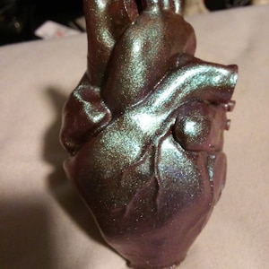 May include: A purple and green iridescent resin heart sculpture. The heart is detailed with a textured surface and has a realistic anatomical shape.