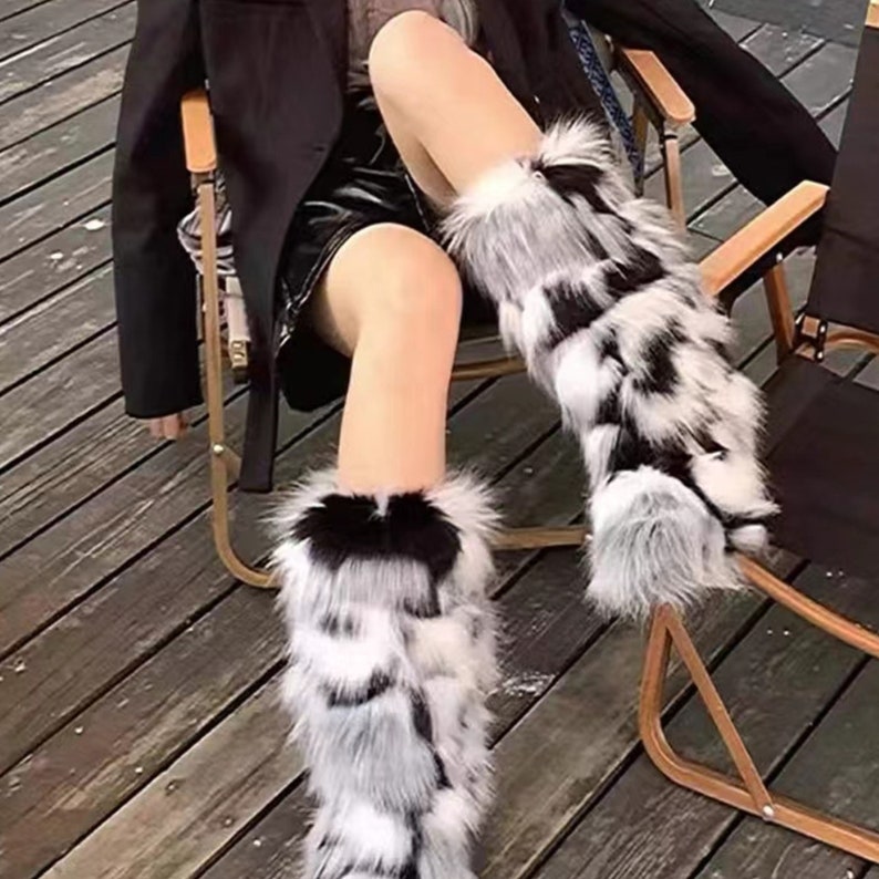 Y2K Fur Winter Boots Long Boots Black White Fur Boots Etsy UK