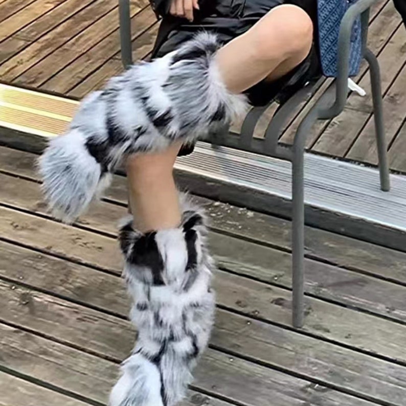 Y2K Fur Winter Boots Long Boots Black White Fur Boots Etsy UK