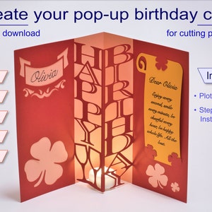 3D Pop-up Happy Birthday-kaart, digitale download - SVG CUTTING FILE - Digitaal bestand, verjaardagskaart, klaver, klavertjevier