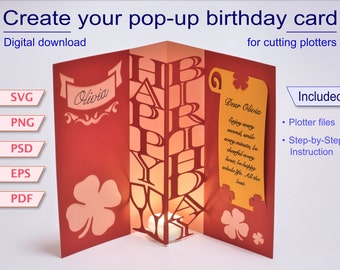 3D Pop-up Happy Birthday Card, Digital download - SVG Cutting File – Digital file, birthday card, clover, shamrock