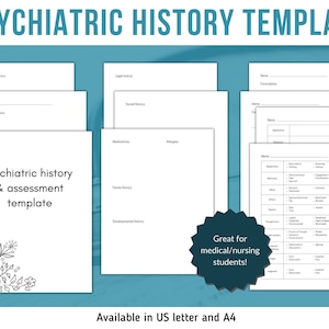 May include: A printable psychiatric history and assessment template featuring a floral design. The template includes sections for demographics, legal status, social history, medications, allergies, family history, developmental history, and a mental status exam.
