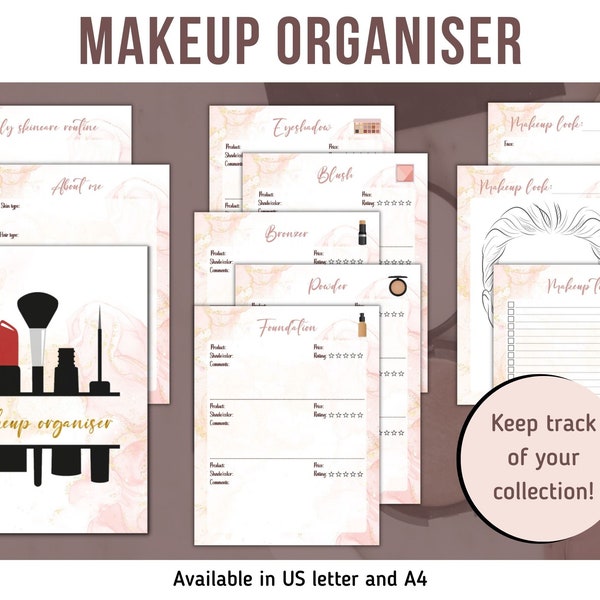 Makeup collection tracker, beauty organiser planner, makeup declutter inventory, skincare routine, makeup look chart, beauty influencer