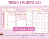 Cute kawaii cupcake printable planner set: Daily, Weekly, Monthly Planner, 2023 Calendar, A4/Letter/Half-letter, instant download pdf insert
