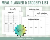 Grocery list and weekly meal planner, food shopping list, printable and digital template, instant download pdf, A4 & US letter size