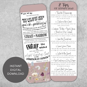 Puede incluir: Un marcapáginas rosa y blanco con diseño floral y texto inspirador. El marcapáginas presenta una cita del Libro de Mormón, "Sí, vemos que todo aquel que quiera puede aferrarse a la palabra de Dios, la cual es rápida y poderosa..." y ocho consejos para el estudio de las Escrituras.