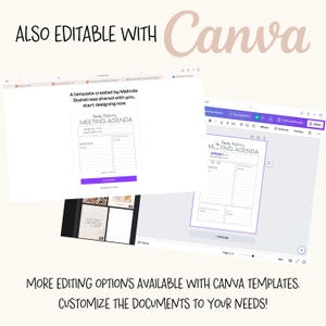 May include: Image of a digital document template with the text "Meeting Agenda" and the Canva logo. The image also includes the text "Also Editable With Canva" and "More editing options available with Canva templates. Customize the documents to your needs!"
