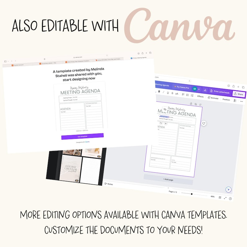 May include: Image of a digital document template with the text "Meeting Agenda" and the Canva logo. The image also includes the text "Also Editable With Canva" and "More editing options available with Canva templates. Customize the documents to your needs!"