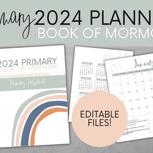 May include: A printable 2024 planner for Primary leaders in the Church of Jesus Christ of Latter-day Saints. The planner features a cover with a rainbow design and the text "2024 Primary Book of Mormon". The planner includes monthly calendar pages and a schedule for each month.