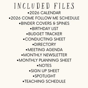 May include: A list of included files is displayed in black text on a cream background. The text reads "INCLUDED FILES" at the top, followed by a bulleted list of items such as "2026 Calendar", "Birthday List", and "Meeting Agenda".