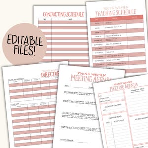 May include: A collection of printable planner pages with a pink and white color scheme. The pages include templates for conducting schedules, teaching schedules, meeting agendas, and class presidencies. The phrase "EDITABLE FILES!" is displayed on a pink circle.