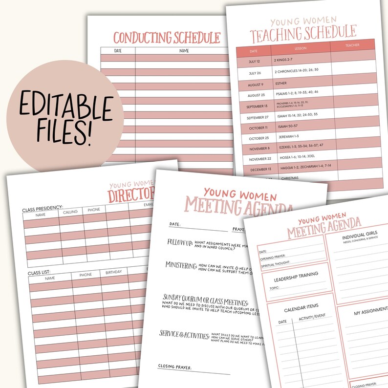 May include: A collection of printable planner pages with a pink and white color scheme. The pages include templates for conducting schedules, teaching schedules, meeting agendas, and class presidencies. The phrase "EDITABLE FILES!" is displayed on a pink circle.