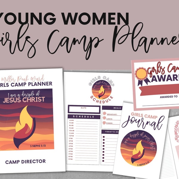 LDS jonge vrouwen, meisjes kamp planner, YW Binder, jonge vrouwen planner, LDS meisjes kamp kussen behandelt, meisjes kamp Journal, meisjes kamp Awards