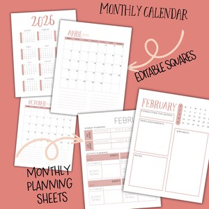 May include: A collection of printable monthly calendar and planning sheets. The calendars are dated 2026 and feature a minimalist design with a soft pink color scheme. The sheets include sections for tasks, notes, and activity planning.