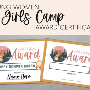 LDS Young Women, Girls Camp Awards, LDS Girls Camp, LDS Young Women Camp Awards, lds yw Girls Camp Award Template, Editable, Printable