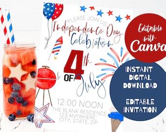 4th of July Invitation, Editable 4th of July Invite, Independence Day Invitation, 4th of July Barbecue, 4th of July Celebration, Text Invite