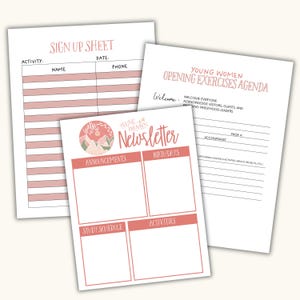 May include: Three white sheets of paper with pink text and accents. The top sheet reads "SIGN UP SHEET" with lines for activity, name, date, and phone. The second sheet is labeled "YOUNG WOMEN OPENING EXERCISES AGENDA". The third sheet is a "Newsletter".