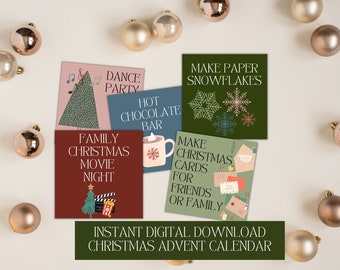 May include: A set of printable Christmas advent calendar cards with illustrations and text. The cards feature activities like making paper snowflakes, watching a family Christmas movie, and making Christmas cards for friends or family.