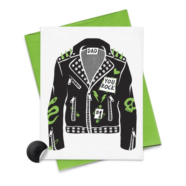 Carte fête des pères papa rockeur : veste en cuir punk rock