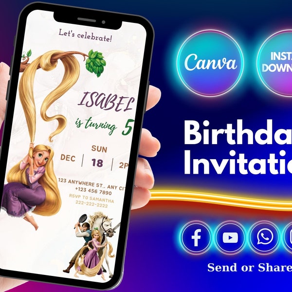 Rapunzel Birthday Girl Evite, Tangled Birthday Party Mobile Invitation, CANVA Editable Princess Party Invite Template, Girly Birthday Evite