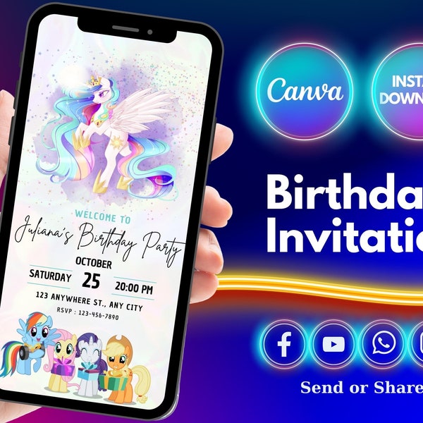 My Little Pony Birthday Girl Digital Invite, Princess Celestia Party Electronic Invitation, Purple Kids Party Evite, CANVA Editable Evite