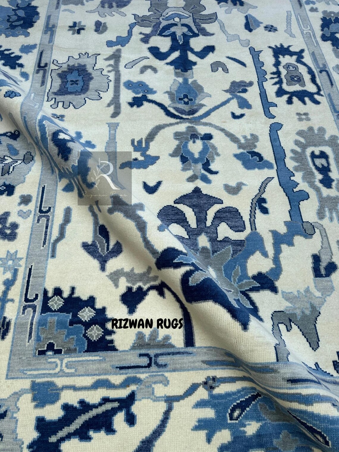 Oushak Rug, Blue and White Handmade Turkish Wool Rug, for Your Living