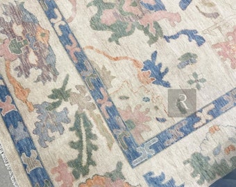 Hand-Knotted Oushak Wool Rug 9x12: Pastel Floral Turkish Carpet