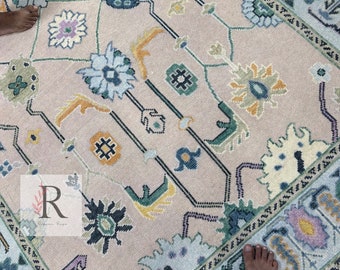 Pink Oushak Rug 8x10- 9x12 Traditional Turkish Wool large area rug for home and living room.