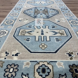 Handwoven Turkish Oushak Runner Rug: Wool Blue Beige Tribal Hallway Carpet