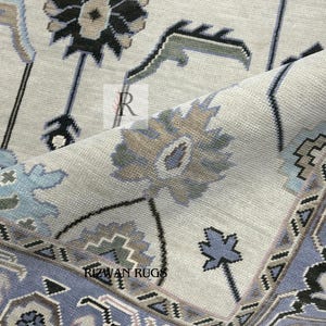 Hand Knotted Oushak Rug: Grey Blue Turkish Knot Wool Area Rug (9x12)