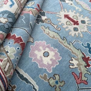 Handmade Light Blue Oushak Rug: Turkish Wool, Floral Design