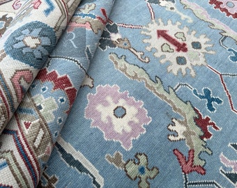Handmade Light Blue Oushak Rug: Turkish Wool, Floral Design