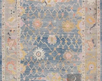 Tappeto Oushak blu fatto a mano in lana: nodo turco, stile antico