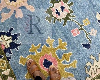 Modern Blue Oushak Rug 8x10 and 9x12 Hand Knotted rug Blue and Beige Vintage Oushak Wool Area Rug for living room