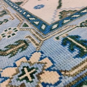 8x10 Oushak Rug: Hand-Knotted Wool, Light Blue Floral Turkish Carpet