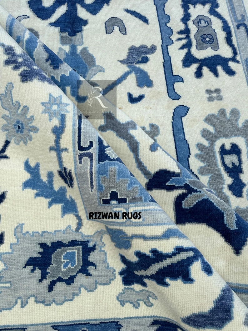 Oushak Rug, Blue and White Handmade Turkish Wool Rug, for Your Living