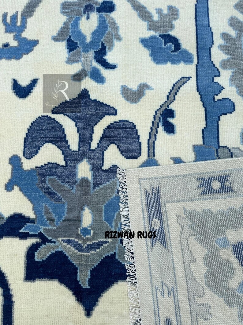 Oushak Rug, Blue and White Handmade Turkish Wool Rug, for Your Living