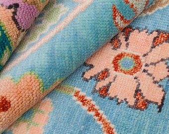 Tappeto Oushak blu 6x9 Tappeto turco annodato a mano realizzato con lana neozelandese filata a mano per l'arredamento della tua casa (spedizione rapida)