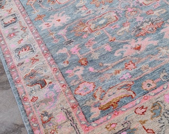 Tappeto Oushak annodato a mano 8x10: tappeto vintage in lana grigia, colore pastello, per il soggiorno.
