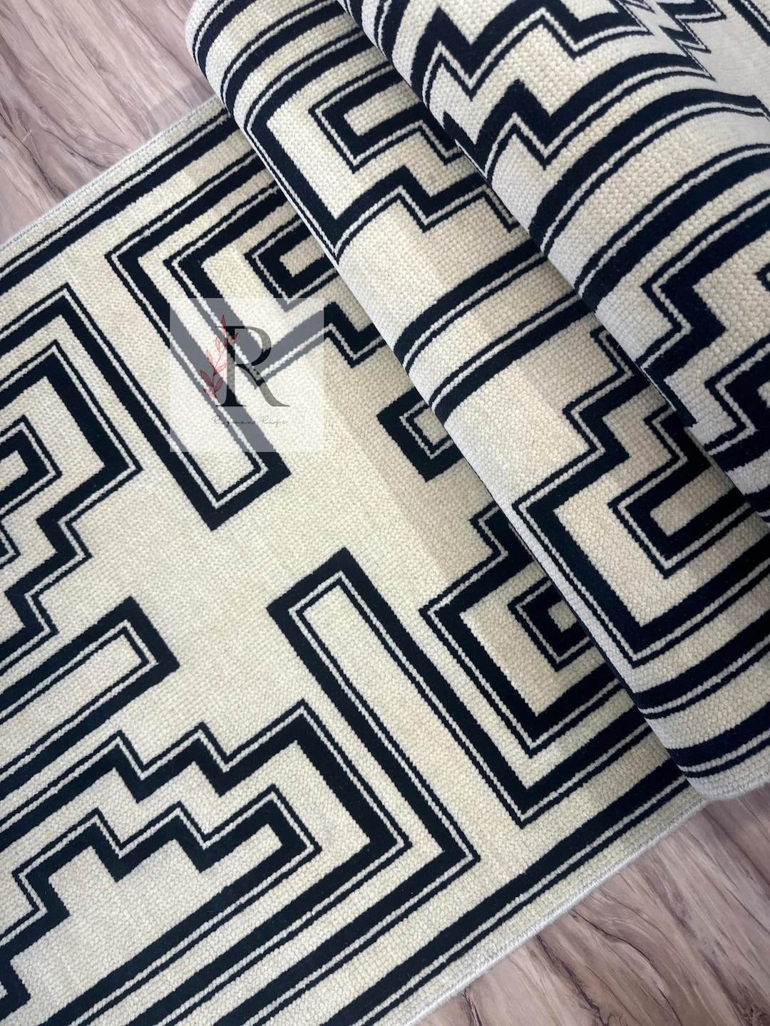Modern Geometric Runner Rug | Black & Beige Wool Handwoven Hallway ...