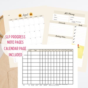 May include: A printable planner page with a calendar for August, a section for SLP progress notes, and a section for ARC planning. The planner includes a grid for tracking goals and meeting notes.