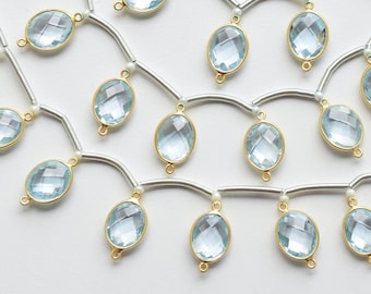8 Pieces Blue Topaz Oval Briolette Checker Stone 18k Gold Vermeil Matte bezel set Connector for Jewelry making | DIY Jewelry Findings
