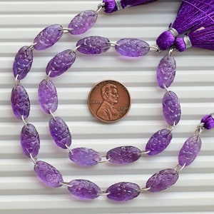 10 Pieces Amethyst Carved Oval Floral Beads Natural Gemstone Double Drill Strand | Amethyst for Jewelry Making | 15x8x5 MM