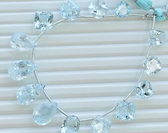 14 Pieces Blue Topaz Faceted Mix Cut Stone Beads | Natural Gemstone Side Drill Strand for Jewelry Making | 17.5x10x7 to 8.5x8.5x5 MM