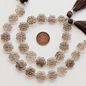 14 Pieces Smoky Quartz Carved Round Flower Beads Natural Gemstone | Quartz for Jewelry Making | DIY Jewelry | 15x14x5 to 11x11x4 MM
