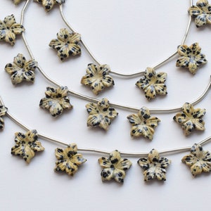 10 Pieces Dalmatian Jasper Carved Jasmine Flower Beads Side Drill Natural Gemstone Strand | 15.5x15.5x4 MM | Gemstone Supplies