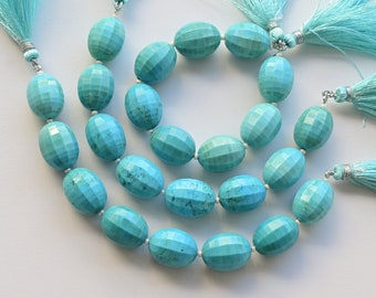 May include: A strand of turquoise gemstone beads with a faceted oval shape. The beads are strung on a silver wire and have a turquoise tassel at each end.