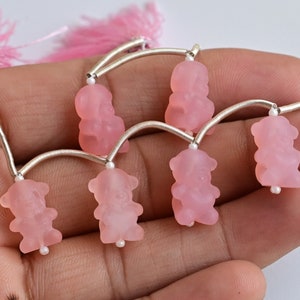 4 Pieces Pink Onyx Carved Teddy Bear Frosted Beads Natural Gemstone | 15.5x11x10.5 MM | Onyx for Jewelry Making
