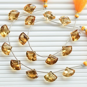 May include: A strand of golden citrine gemstone beads, each cut into a half-moon shape, strung on a silver wire. The beads are arranged in a circular pattern, with two yellow tassels hanging from the ends of the wire.